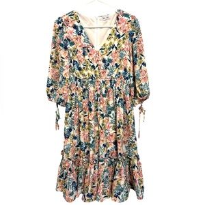 Adeline Clothing Floral Tiered Midi Dress Tie Sleeve Smocked Waist Size M